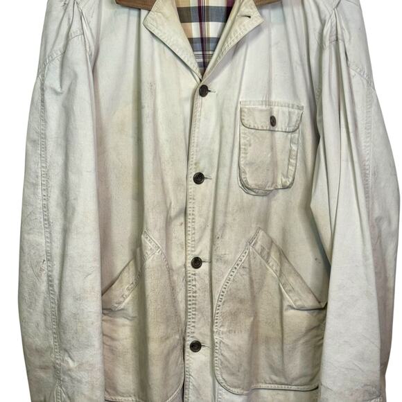 Vtg 1990's Banana Republic Khaki Leather Collar Field Chore Utility Barn Jacket - Picture 4 of 7